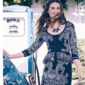 Knitted & Knotted Peplum Dress Blue White Gray Paisley Dress, Size XS